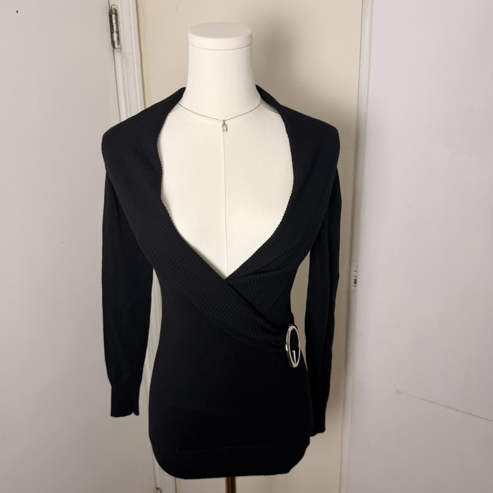 GUESS Vintage Y2K Black V Neck Sweater Women's Sz XS with Silver Details